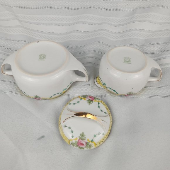 Vintage Noritake Morimura Hand Painted Sugar & Creamer Set Pink Rose Vine Yellow - Picture 8 of 10
